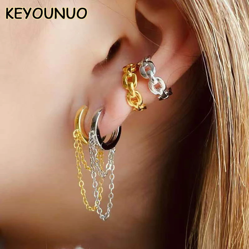 

KEYOUNUO Gold Silver Filled Ear Cuffs Earrings For Women Piercing Tassel Double Chain Hoop Earrings Party Jewelry Wholesale