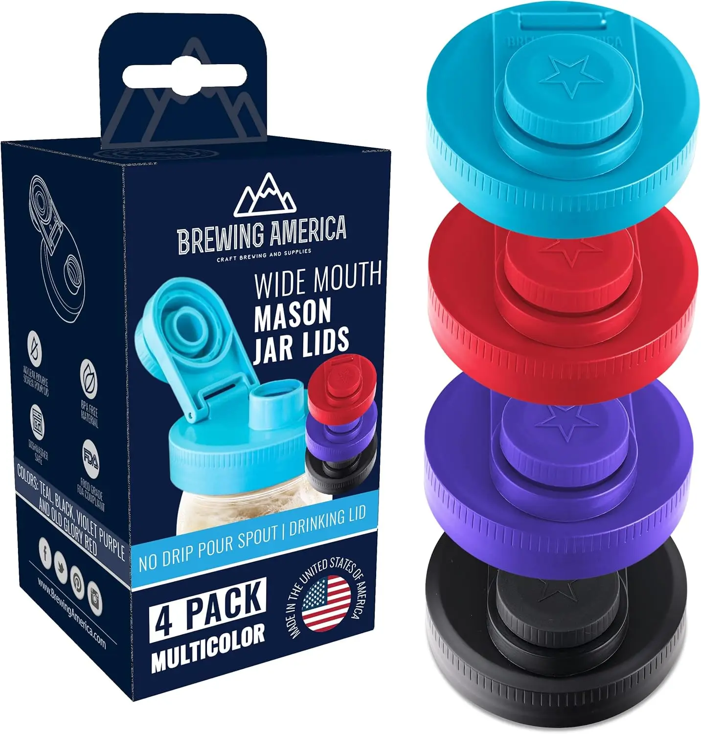 

Mason Jar Lids Wide Mouth Plastic 4 pack-USA Made-Flip Cap Screw Top Pour Spout Drink Hole - Leak-proof for Kerr and