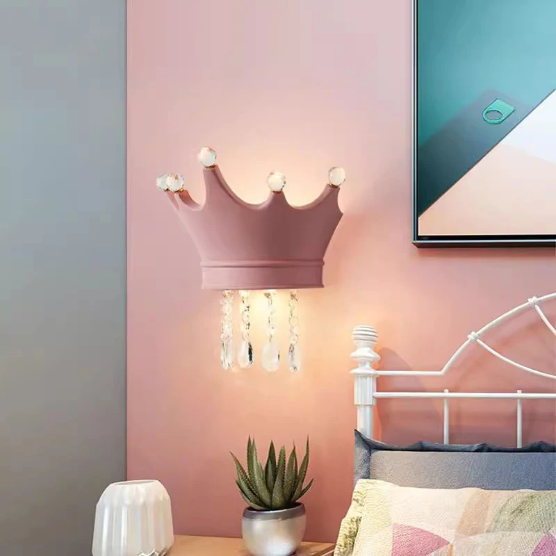 Girl Bedside Lamps Crystal Pendant Crown Wall Lamp Modern Luxury Children\'s Bedroom Princess Room Decor Night Lights Wall Light