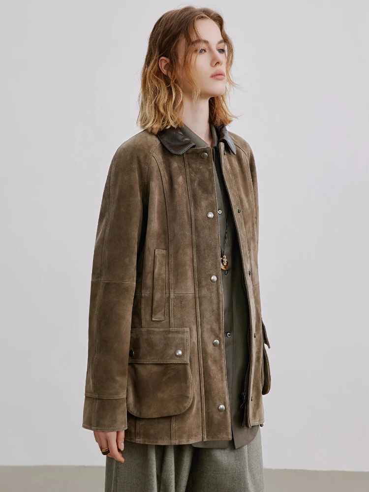 Giacche cargo vintage classiche in vera pelle per donna Autunno Inverno 2025 Nuovo cappotto in vera pelle scamosciata di montone sottile semplice di fascia alta