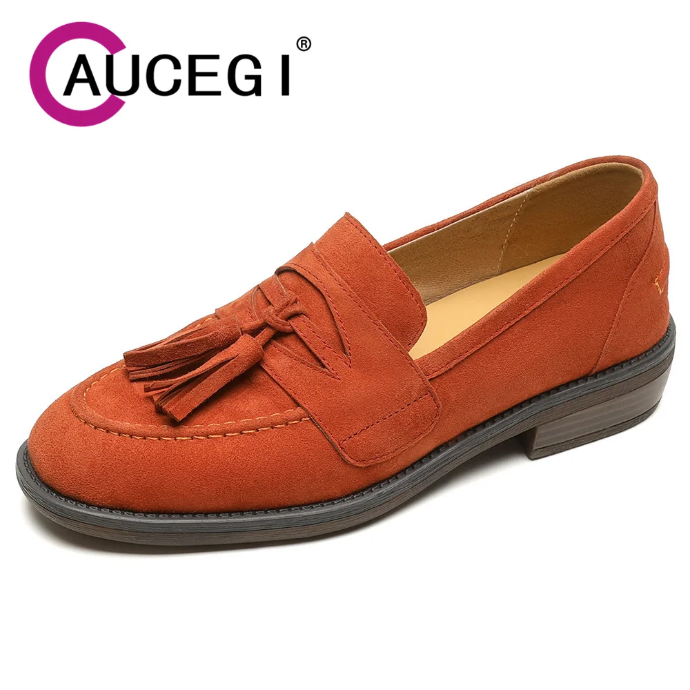 Aucegi Hot Sale Kid Suede Tassel Round Toe Spring Autumn Low Heels Pumps Dating Dress Elegant Office Lady Women Ins Shoes