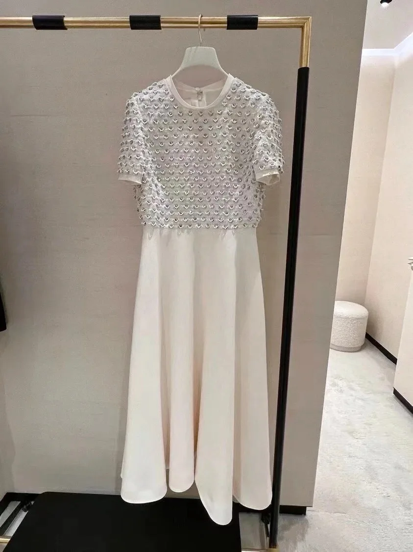 

High Quality White Dress Long Sexy Women's Diamonds Silk Midi Dress Fashion Ladies Wool Vestido