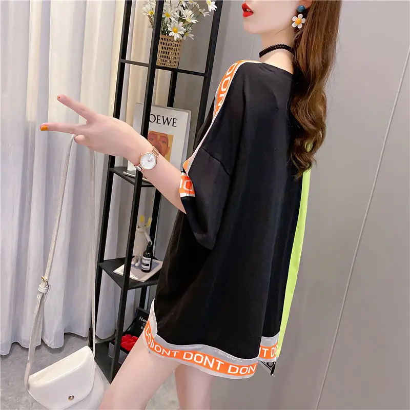 2024 Summer Korean Version Medium Length Round Neck Irregular Color Blocking Fashion Letter Print Loose Casual Oversize T-shirt