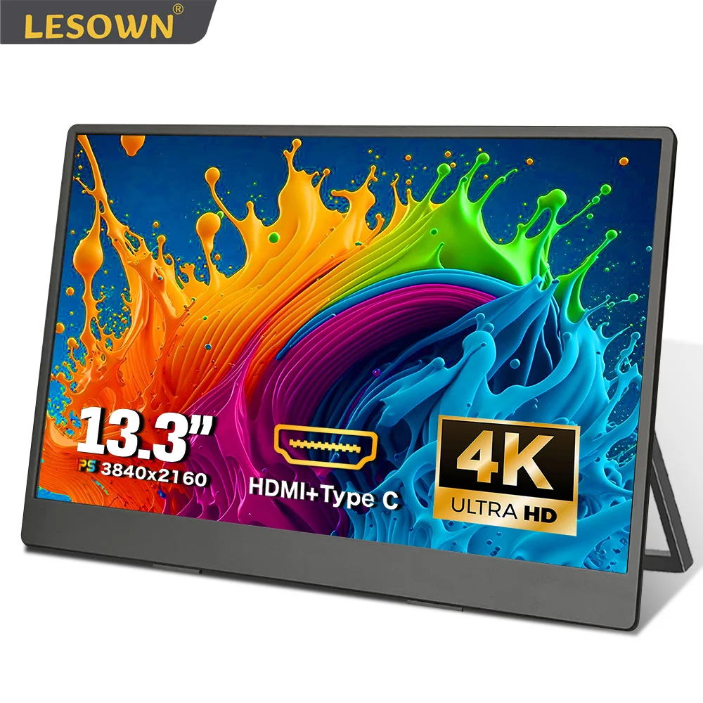 

Портативный дорожный монитор для ноутбука LESOWN 4K 13,3 дюймов UHD IPS USB C HDMI ЖК-дисплей второй экран игровой дисплей с динамиками для ПК PS5