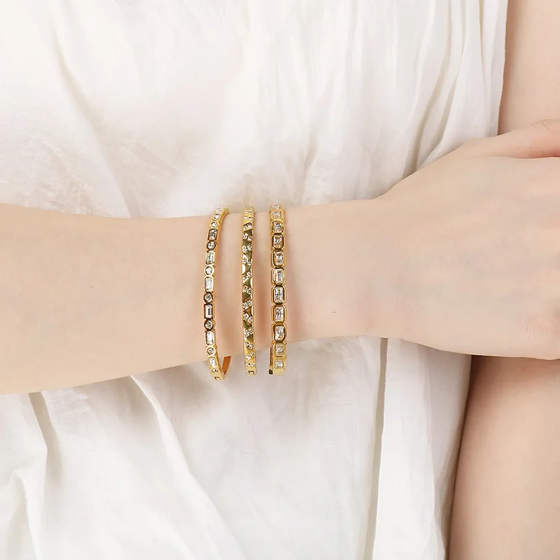 Women’s Gold Plated Stainless Steel Cuff Bracelet Textured Dot Wheat Grid Rhinestone Patterns Sparkling Luxe Glamorous Jewelry