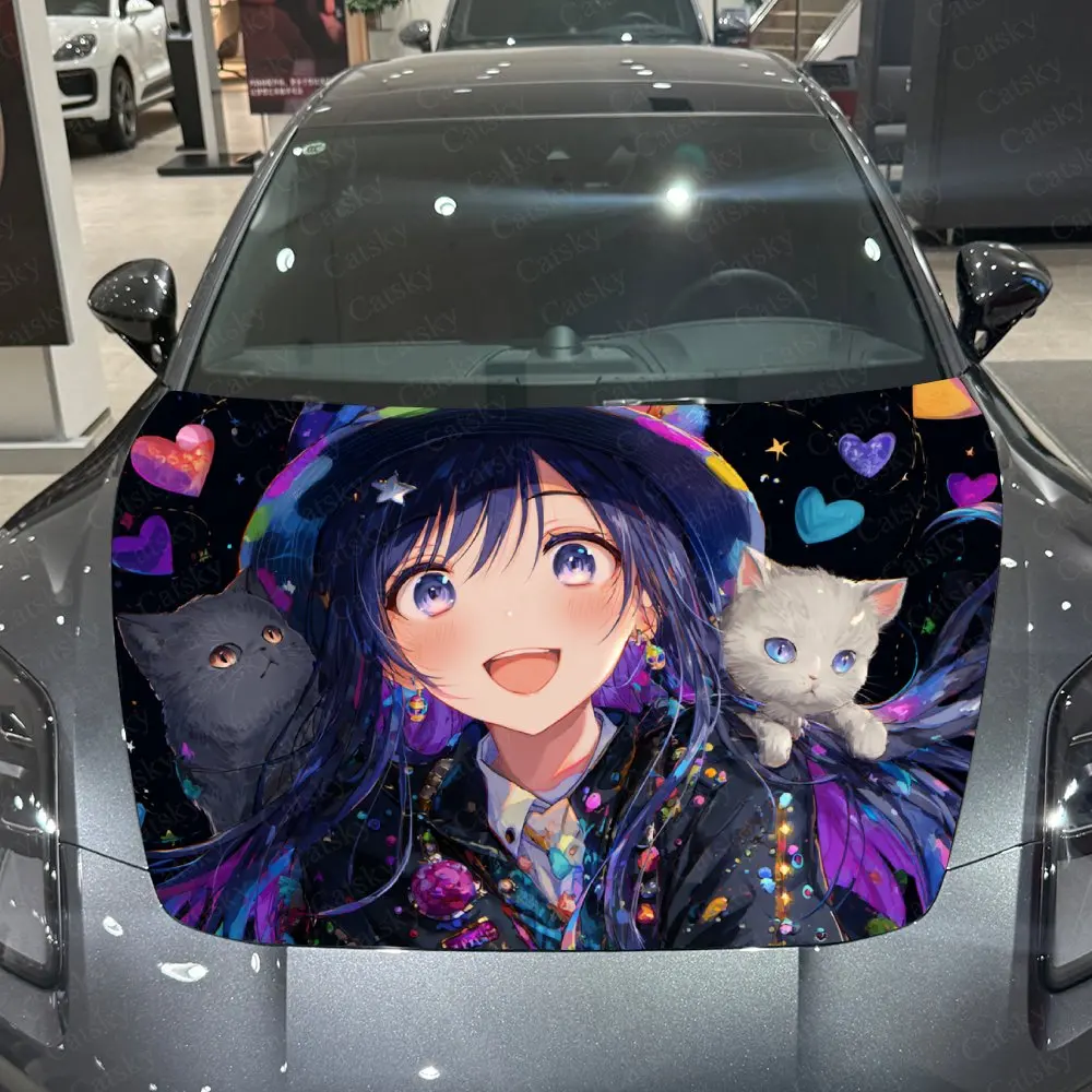 

Anime Style Cat And Girl Car Hood Wrap Color Vinyl Sticker Truck Graphic Bonnet Auto Accessories Decoration Protect Decal Gift