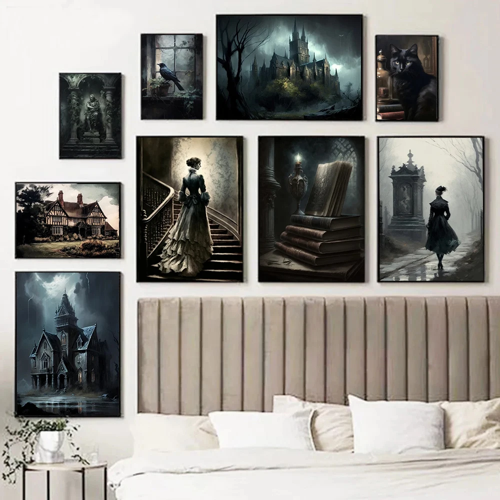 Dark Academia Art Medieval Haunted House Ghost Woman Poster Prints For Halloween Home Decor Gothic Canvas Painting Wall Art