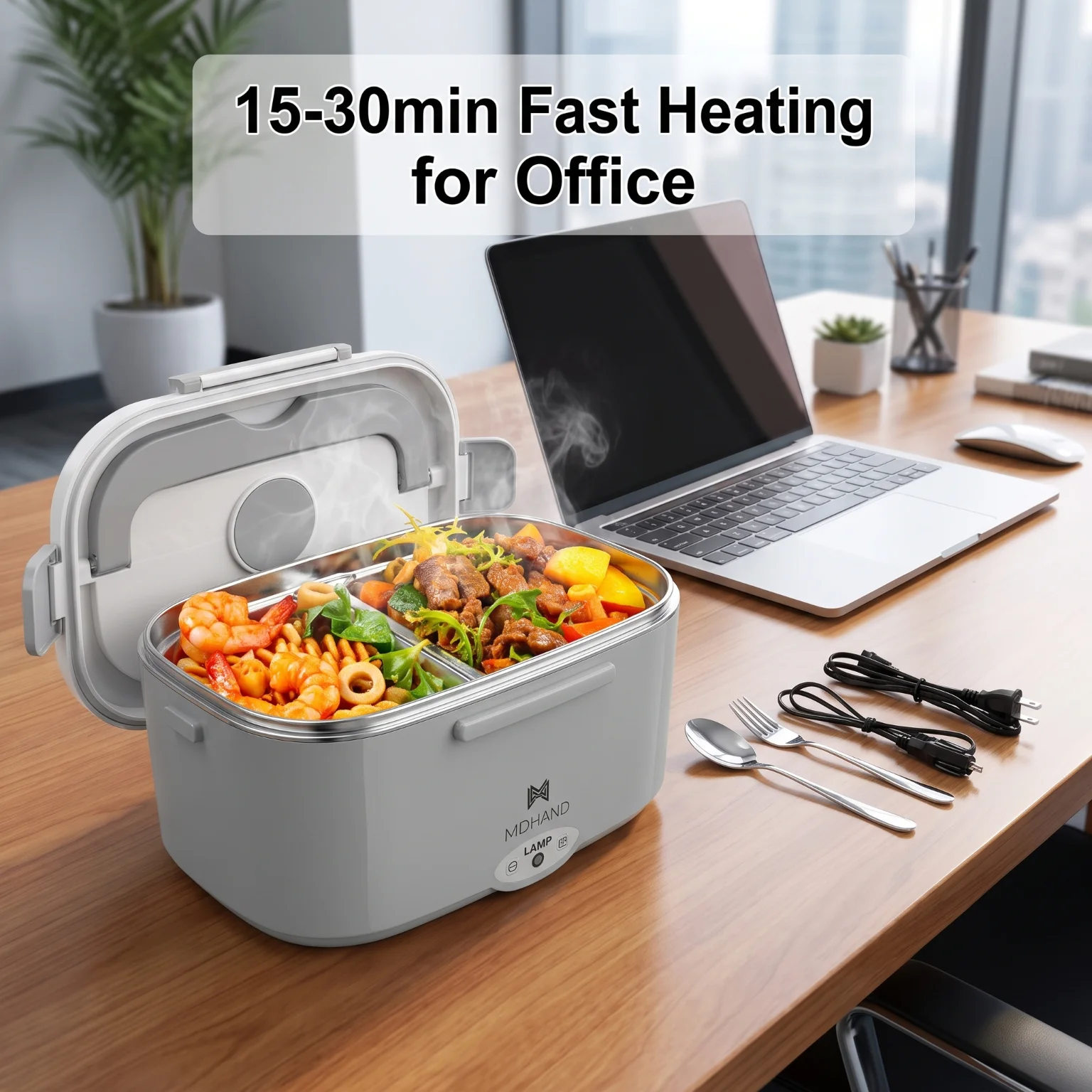 Portable Gray 65W Electric Lunch Box Heater 1.3-1.5L 304 Stainless Steel Detachable Liner PP Food Grade Housing PTC Cycle Heating 220V Powered Easy Clean Home Office With 25*25cm Cleaning Rag
