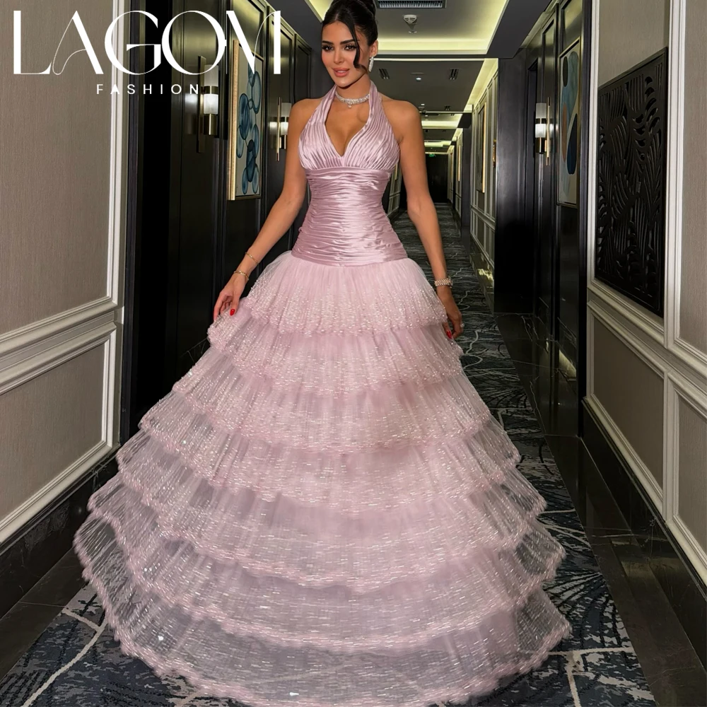 Lagom Exquisite Pink Tiered Evening Gown Dress Halter Deep V Neck Satin Bodice Multi‑Layer Glitter Tulle Cake Dress Customized