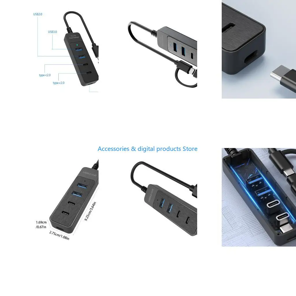 77JD 4 in 1 USB Hubs Splitter USB3.0 USB2.0 and Type C Port Expand Computer Peripherals Connection