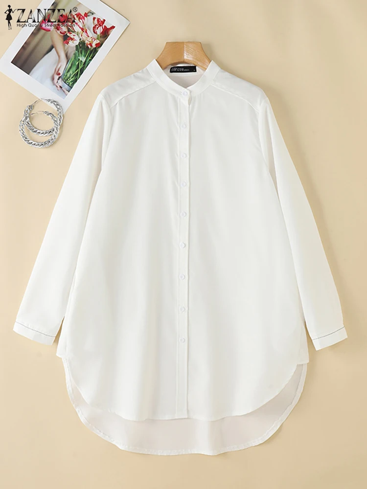 ZANZEA Casual Solid Color Tops Women Stand Collar Shirts 2024 Daliy Long Sleeve Tunics Office Lady Open Up Streetwear Blouses