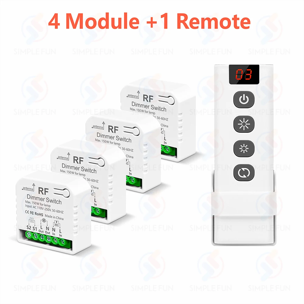 433 MHz kabelloser Dimmer-Lichtschalter, AC 110 V, 220 V, 230 V, dimmbares Schaltermodul, 5-in-1-Fernbedienung, für 10–150 W LED-Lampe, Halogen-Dimmung