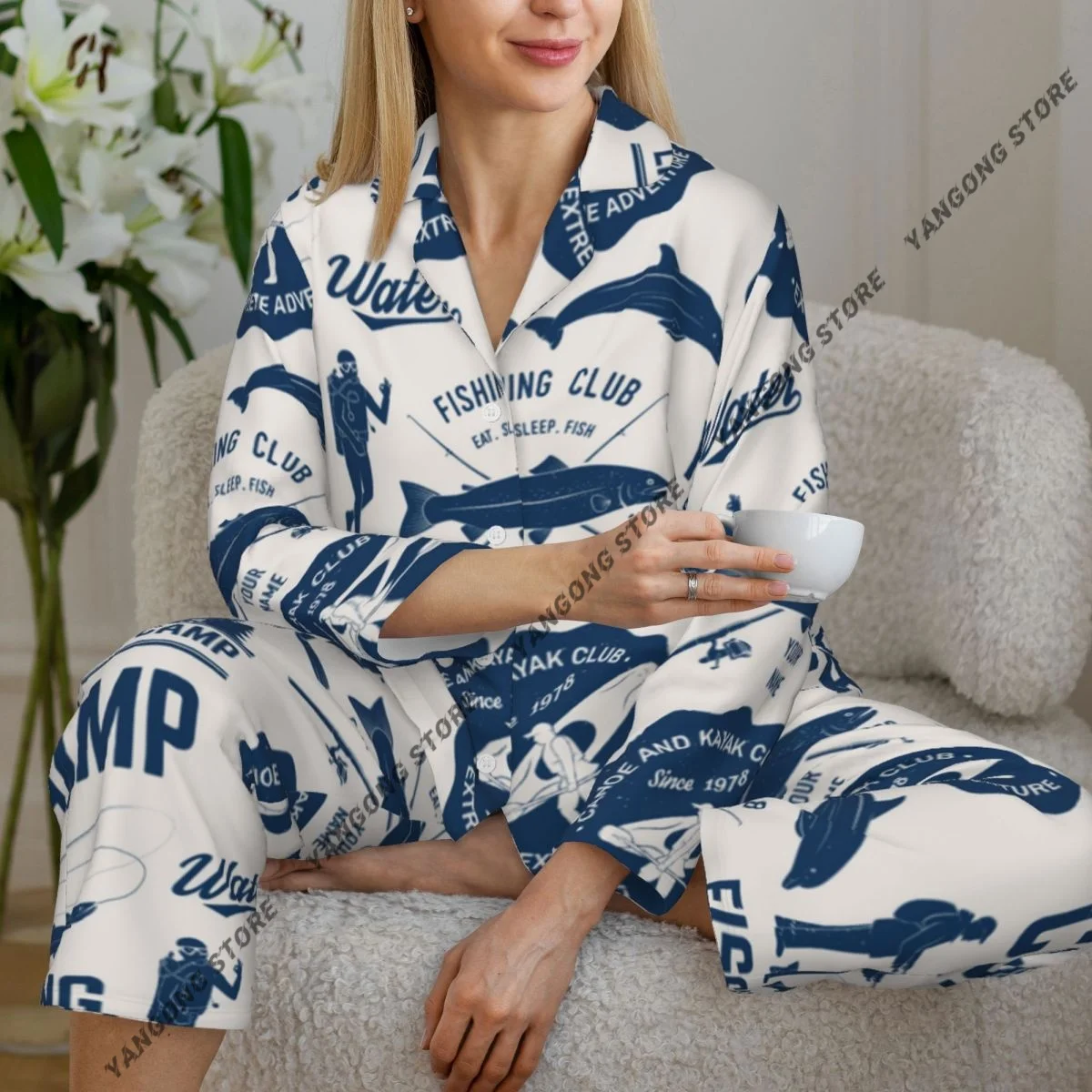 

Spring and Autumn Pajama Set Women's Long Sleeve Pants Two Piece Canoe Kayak And Fishing Club Pattern Home Furnishing Set