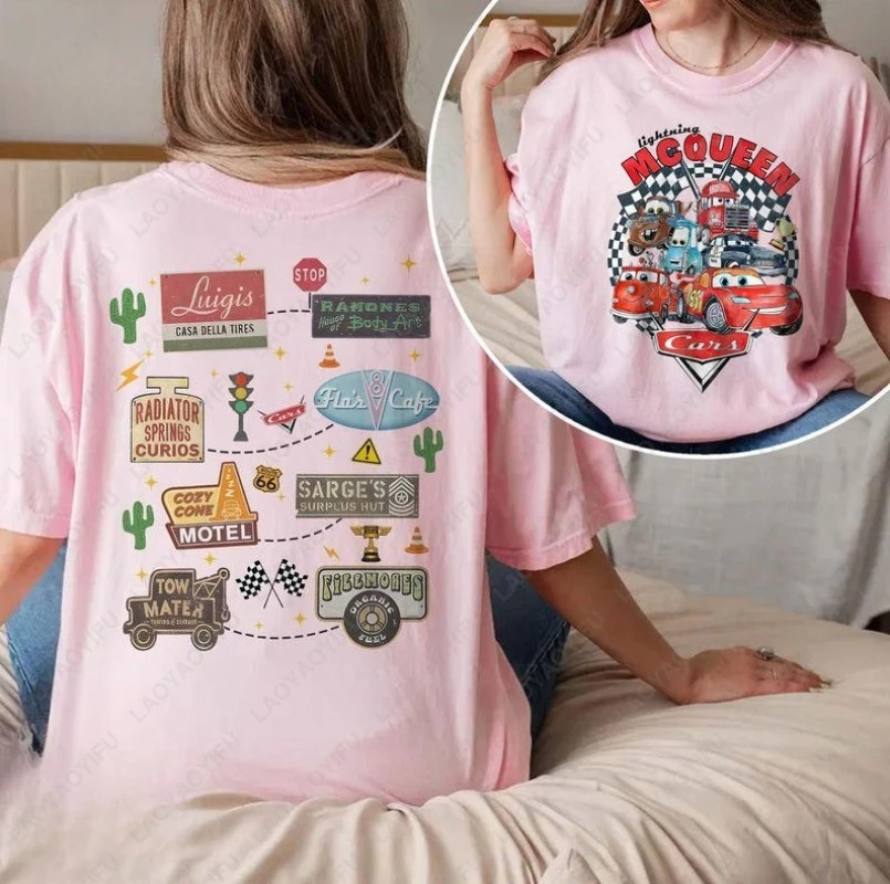 

Cars Land Graphic Tees Lightning McQueen Cartoon T-Shirt Pixar Mater Shirt Radiator Springs Cotton Tops Men Woman Casual Wear