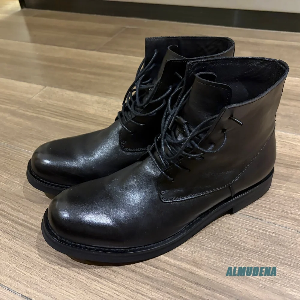 

Street Style Men High Top Short Boots Fashion Faux Leather Lace Up Low Flat Heel Minimalist Vintage Daily Office Casual Boots