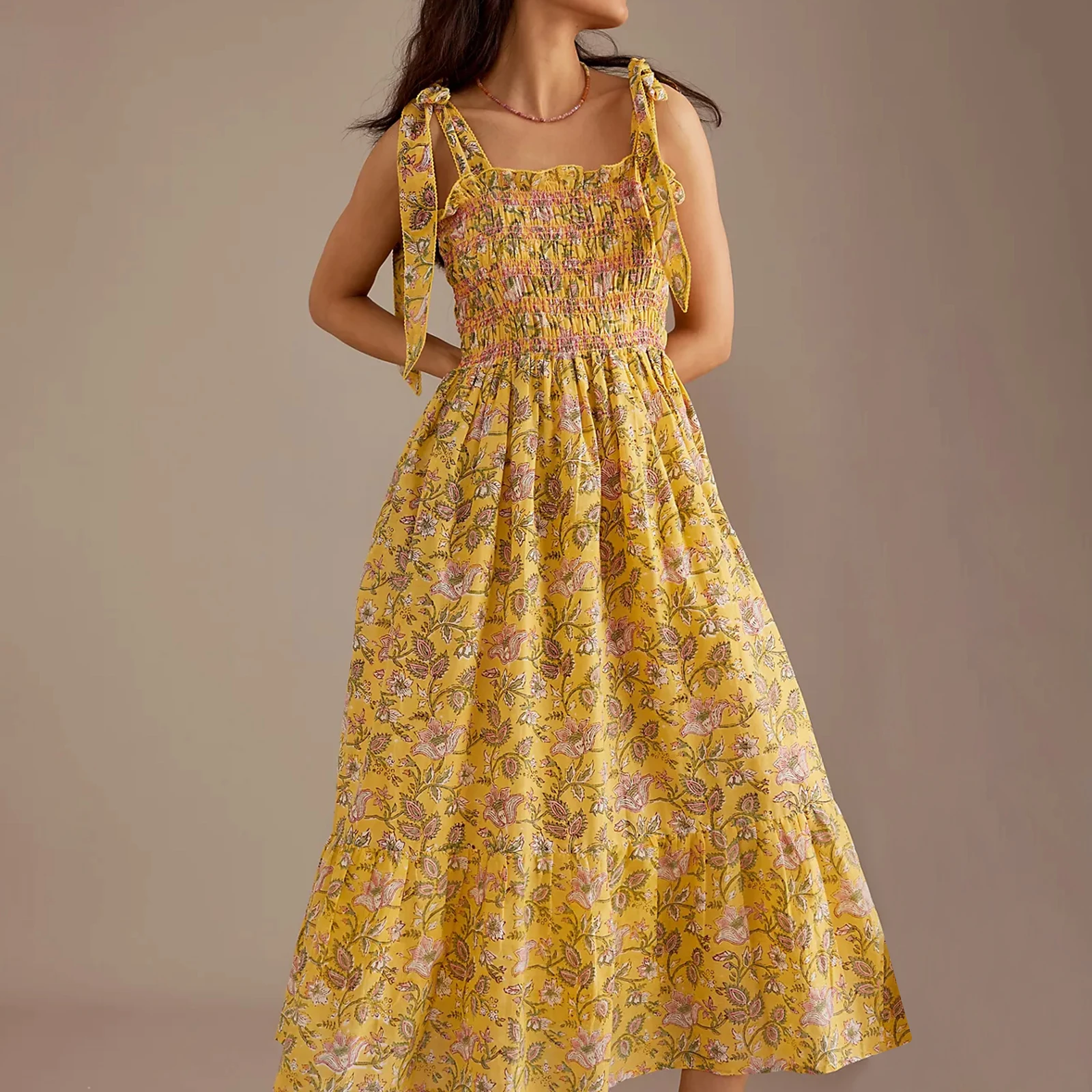 wa damska sukienka damska Midi Cami A-line Bohemian Floral Print Tie Strap Smocked High Waist Backless Flowy Dress