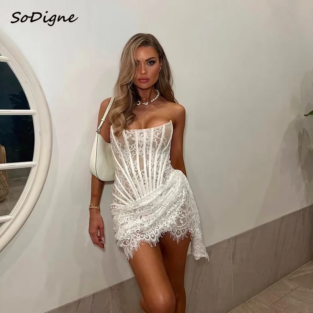 

SoDigne Mermaid Short Wedding Dresses Strapless Sleeveless Bridal Dress Beach Lace Wedding Gown Robe De Mairee ﻿Customized