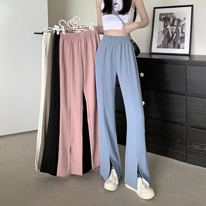 MEXZT Women Slit Wide Leg Pants Pants Ladies High Waist Casual Trousers Fashion All Match Suit Pants Simple Korean Elegant