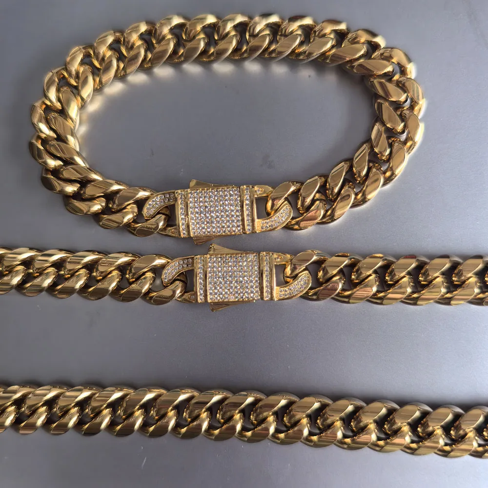 

12mm Stainless Steel Pave CZ Miami Cuban Chain Jewelery set Hip Hop Men Curb Micro Rhinestone Clasp Necklace Bracelets