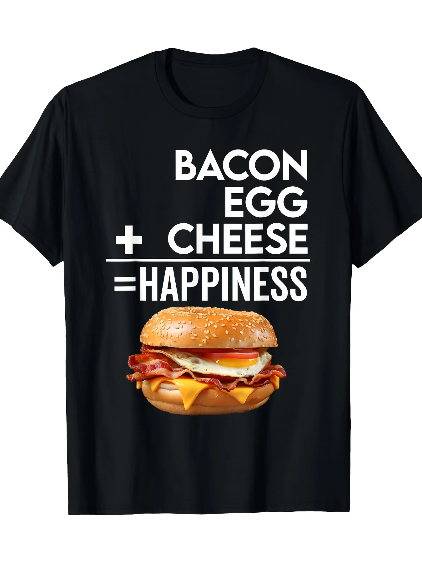 2026 Men's Funny Bacon Egg & Cheese Bagel BEC Breakfast Sandwich T-Shirt - Heavyweight 220gsm Black Tee with BEC Equation & Food