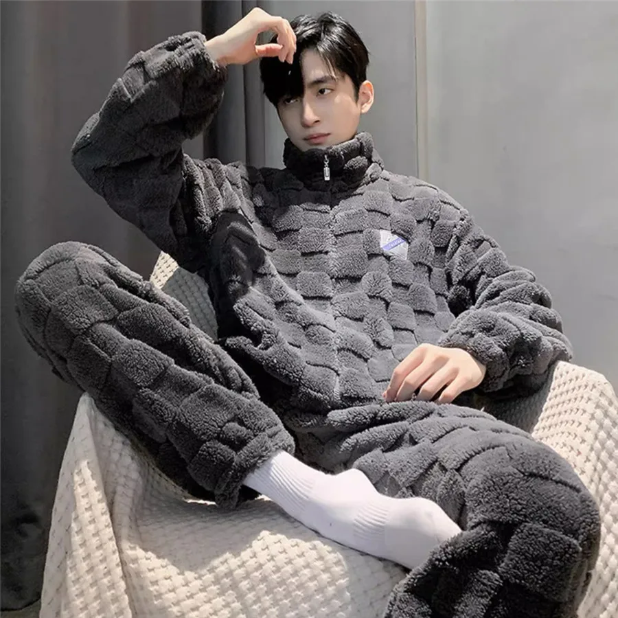 2024 Winter Warm Pajamas Set Stand Collar Fluffy Coat + Long Pants Coral Fleece Sleepwear for Sleeping Men\'s Plaid Loungwear