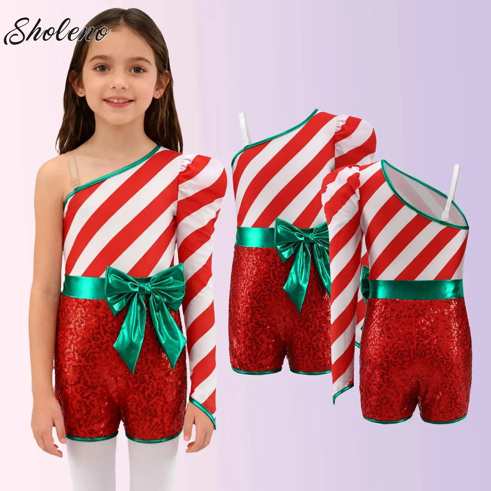 

Girls Christmas Dance Costume New Year Party Candy Cane Striped Bow Jumpsuit Ballet Leotard Gymnastics Figure Skating Bodysuit