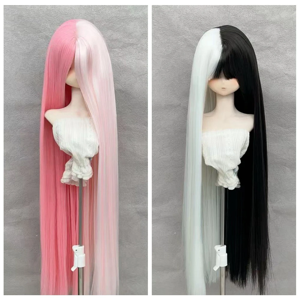 BJD Doll Wig Long Bangs Straight Hair Black White Block Yin Yang Wig Split Long Straight Hair 2D Girl Diy Makeup Accessories