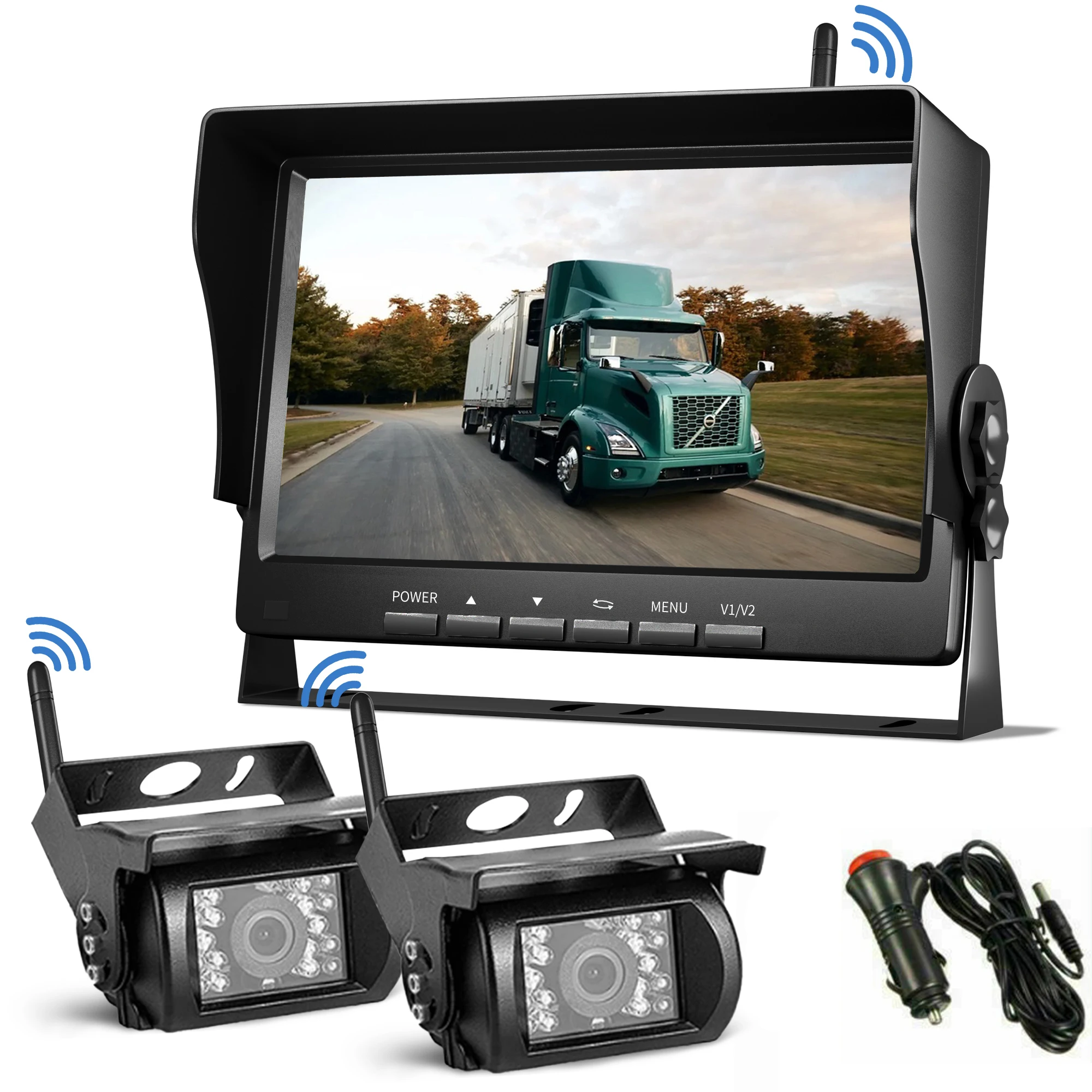 

7" HD 12V 24V Wireless LCD Vehicle Backup Rear View Camera Monitor Car Charger For Trucks Bus RV Trailer Excavator
