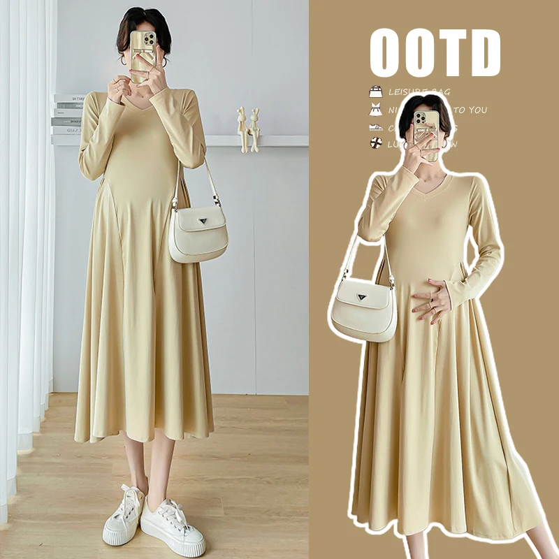 

8339# 2023 Autumn Cotton Maternity Long Dresses V Neck A Line Loose Clothes for Pregnant Women Casual Slim Pregnancy Long Sleeve