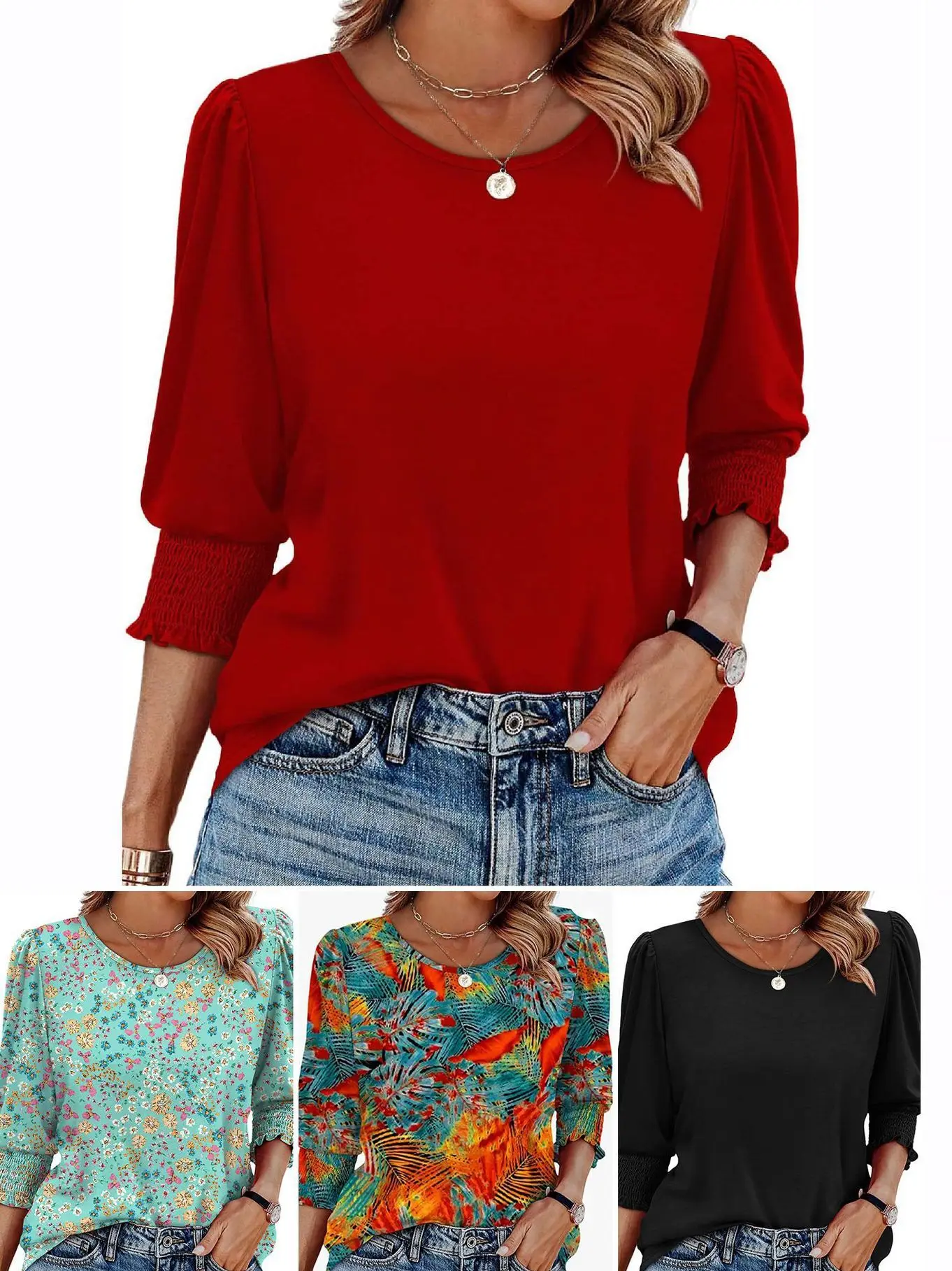 Loose Quarter Sleeve T-Shirt Printed Polyester Women's Summer Fashion Bell Sleeve round Neck Regular Fit Striped Polka Dot Le...