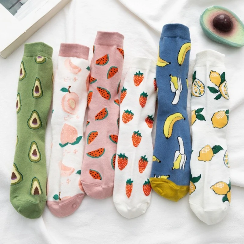 1/6 Paar Damen-Socken mit Fruchtmuster, einfach, bequem, mittellang, für Damen, Herbst und Winter, süße Freizeitsocken