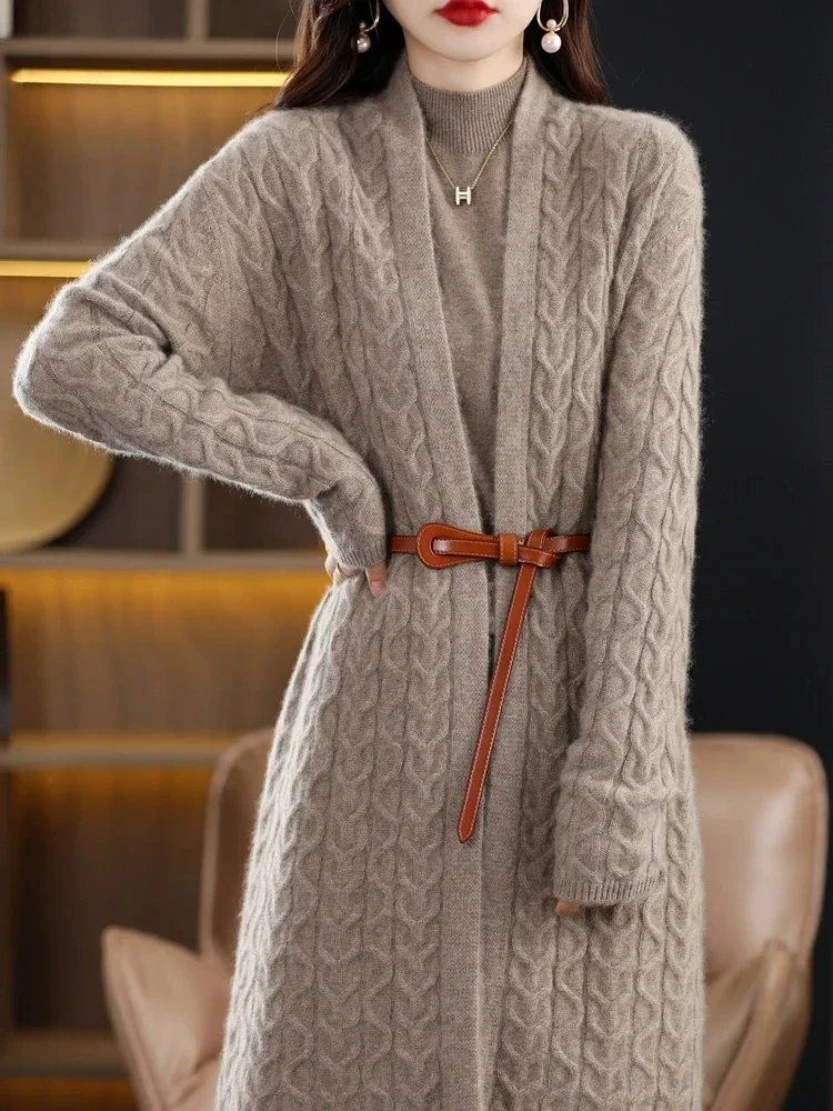 Cardigan da donna maglione di lana sopra il ginocchio 100% lana Merino twisted top autunno/inverno giacca pesante