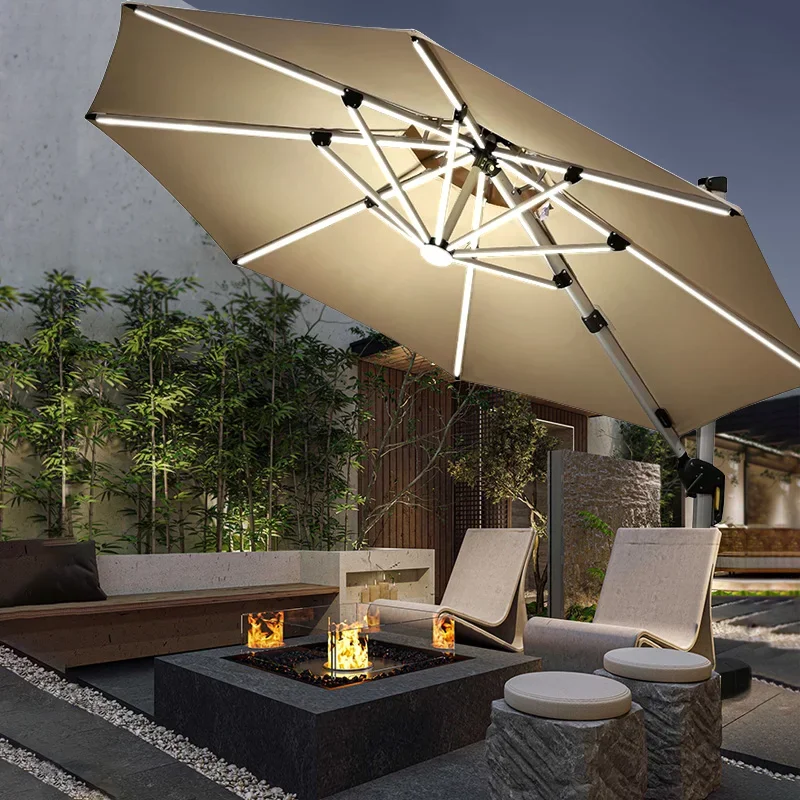 ร่มกลางแจ้ง Parasols อลูมิเนียม Cantilever ขนาดใหญ่ Parasol 3 M Patio Cantilever ร่มพร้อมไฟ LED