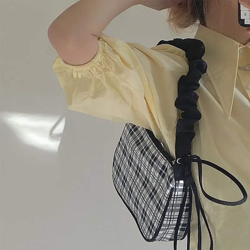 Xiuya Plaid Print Handbags for Women Fashion Y2k Nylon Wrinkles Bag Yellow Versatile Casual Design Zipper Shoulder Bag Ladies