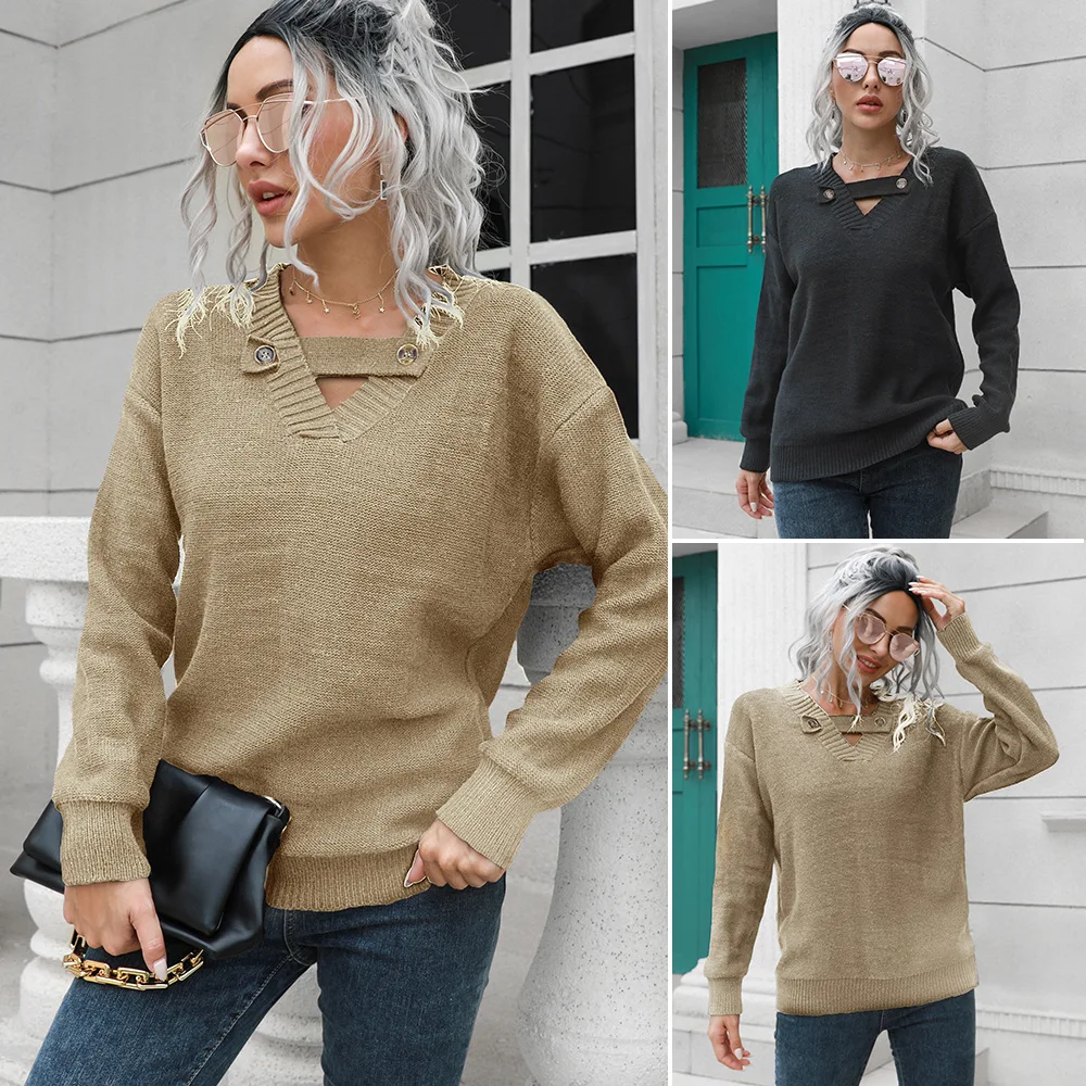 

Design button sweater women's loose autumn and winter long-sleeved European and American sweater sweater new style