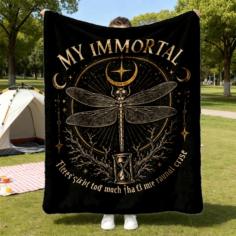 My Immortal Dragonfly Flannel Throw, Gothic Dragonfly Cozy Blanket, Dark Academia Warm Blanket, Celestial Moon Soft Blan