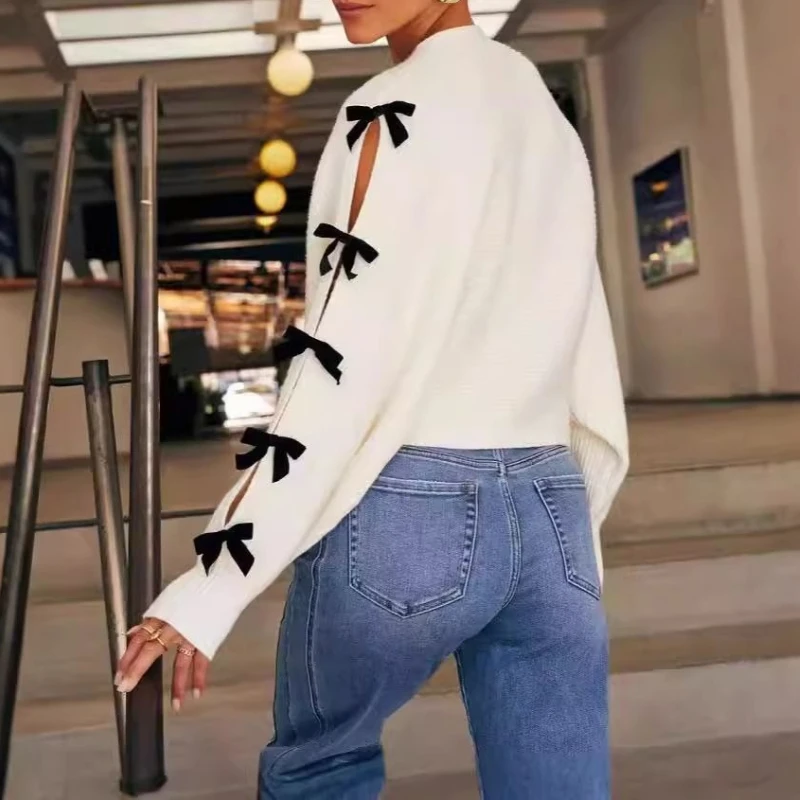 2026 New Celebrity Cardigan Top V-neck Knitted Bow Jacket Women