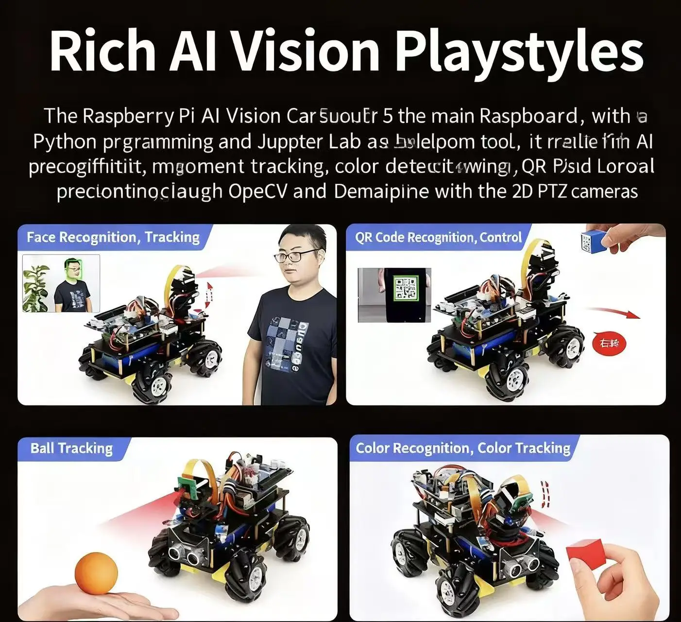 Raspberry PI 5 AI Vision Smart Car YOLOV5 OpenCV Visual recognition Tracking microphone  Knam Wheel