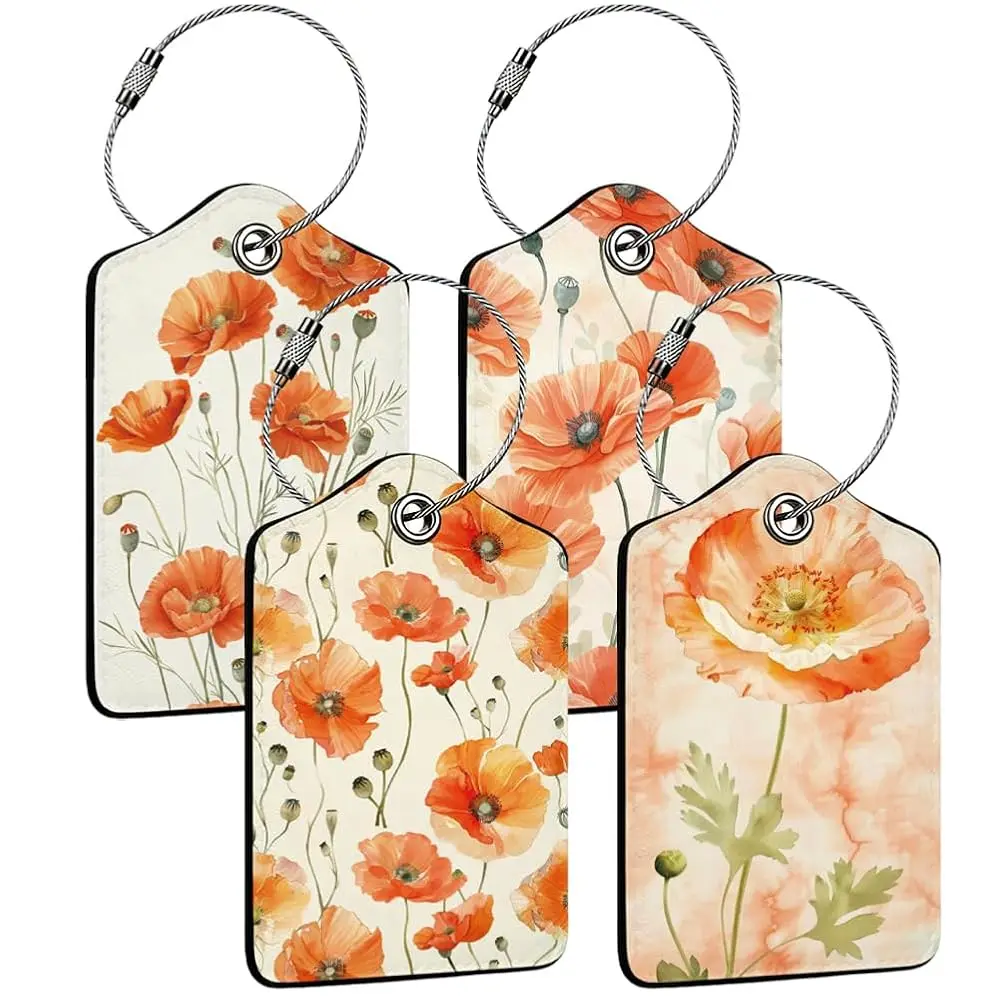 

4Pcs PU Leather Luggage Tags 4 Style Luggage Indentifier Name ID Label Tag 2.8×4.5 Inch with Metal Loop for Suitcase Bag Back