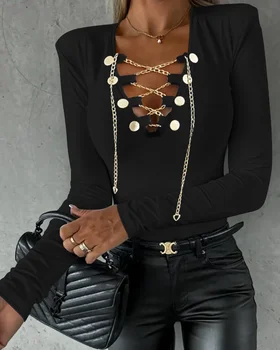 Vrouwen trui tops sexy ketting decor kant-up lange mouw casual top 2025, herfst winter lente mode casual t-shirts