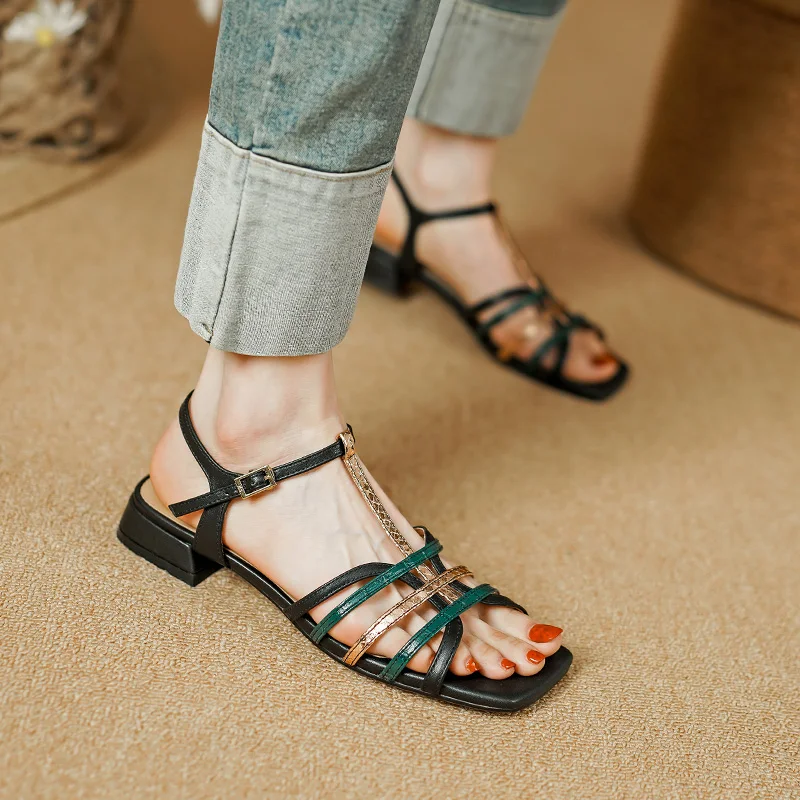 Genuine Leather Sandals Women Pointed Toe Chunky Heel Women Shoes 2023 Summer Shoes for Women Giadiator Shoes Sandalias Mujer