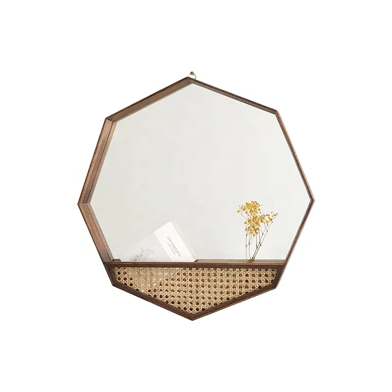 Nordic octagonal hexagonal rattan wooden wall mirror