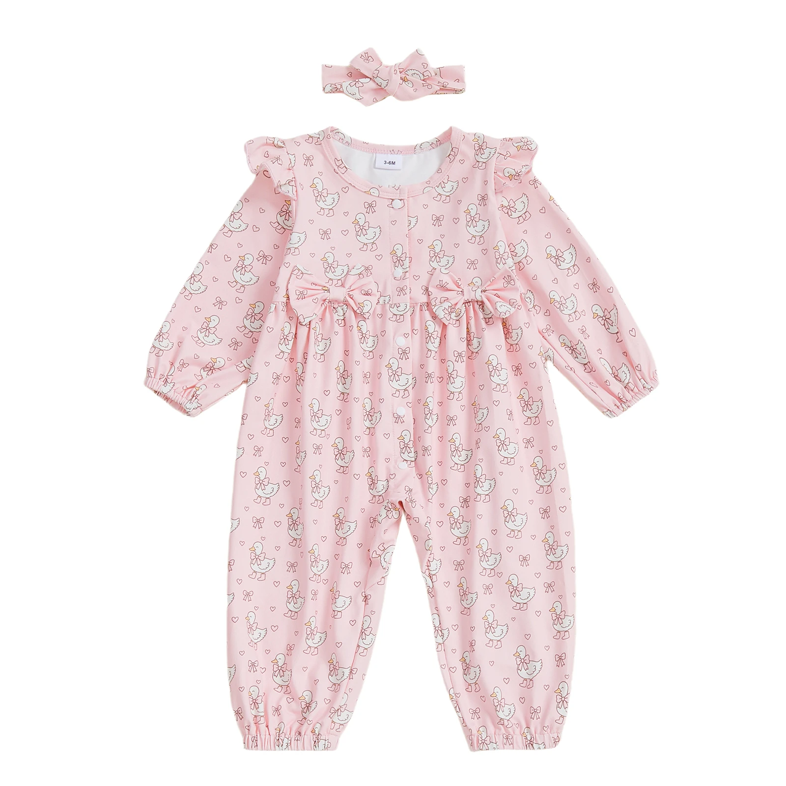 

Adorable Infant Girls Autumn Playsuit with Cute Duckling Pattern Long Sleeves and Matching Bow Headband Ensemble