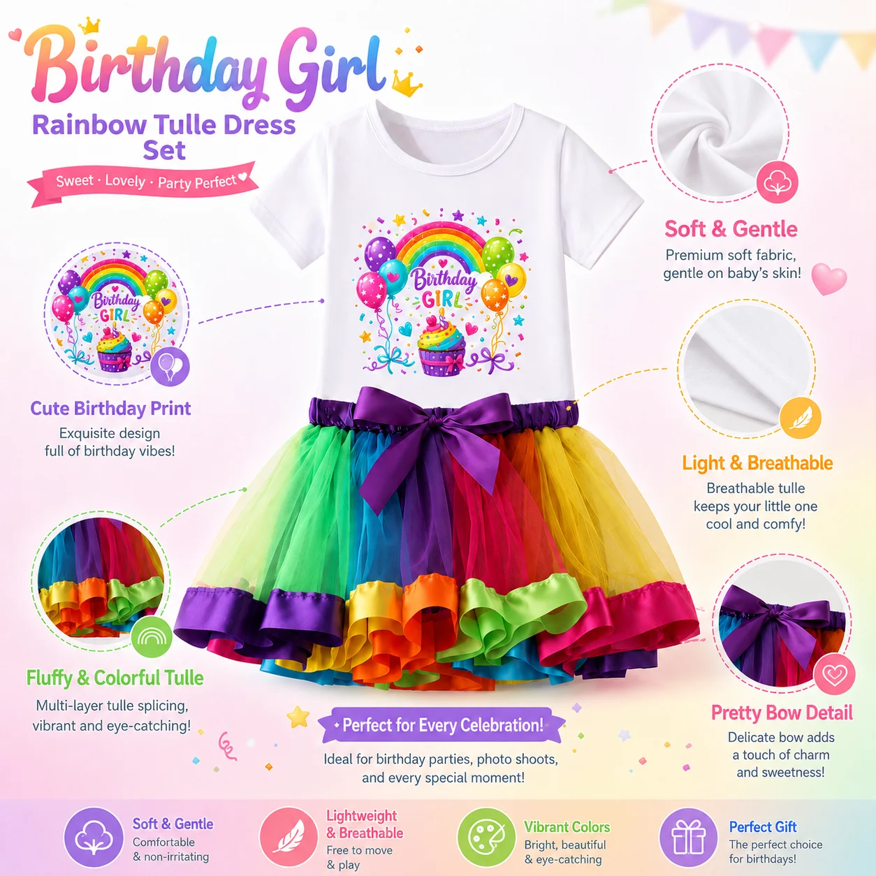 Regenbogen-Tutu-Kleid für Geburtstagsmädchen für Kinder von 2–8 Jahren, kurzärmliges T-Shirt-Oberteil + buntes Tüllrock-Set, Geburtstags-Set mit Cupcake-Aufdruck – Detail 1