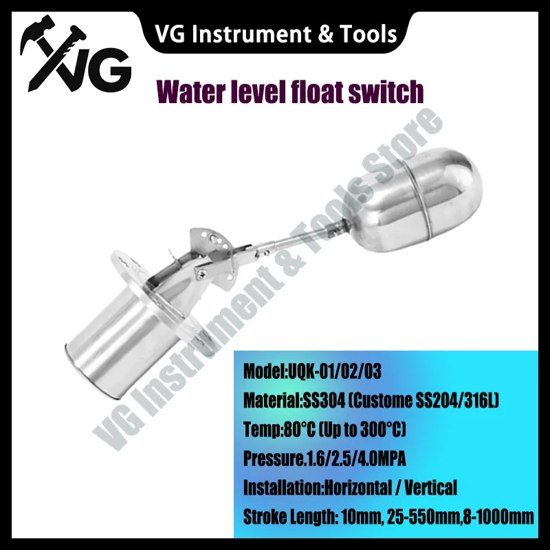 Interruptor de nivel de flotador UQK-01 UQK-02 UQK-03 en acero inoxidable 304 con brida para control de nivel de agua y líquido