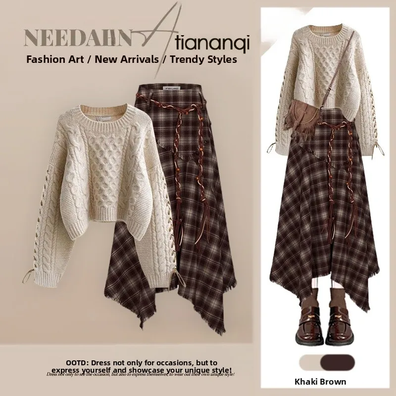 

Fall Fashion Knitted Sweater And Plaid Skirt Set Women's Design Sense Two-Piece Ensemble Elegant Autumn Wardrobe Essentials