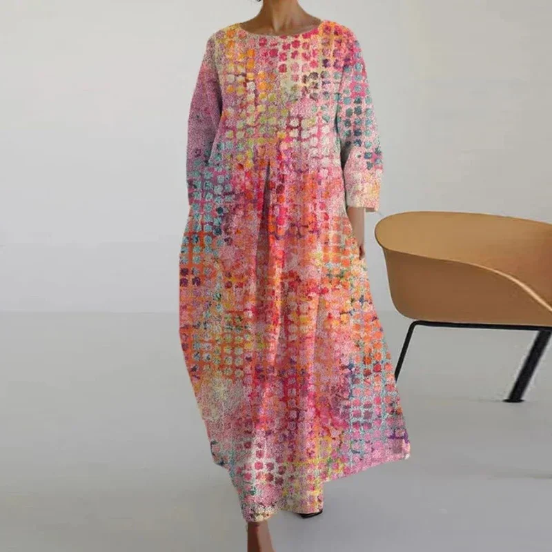 

Vintage Pattern Print Long Sleeve Bohemian Dress Women Holiday Beach Long Pullover Dress 2024 Ladies O Neck Loose A-Line Dress