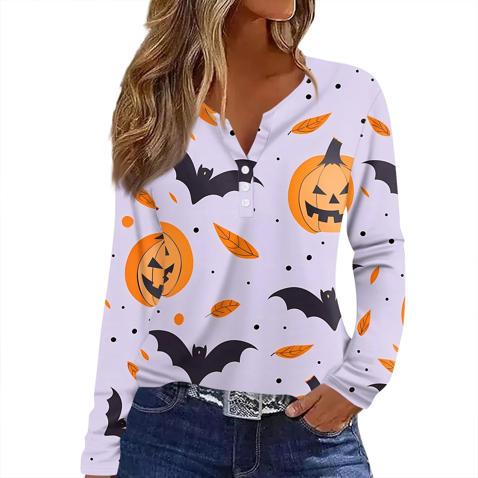 tops for women Women\'s T Shirt Tee Halloween Print Button Long Sleeve Daily Weekend Fashion Basic V- Neck Regular Top new