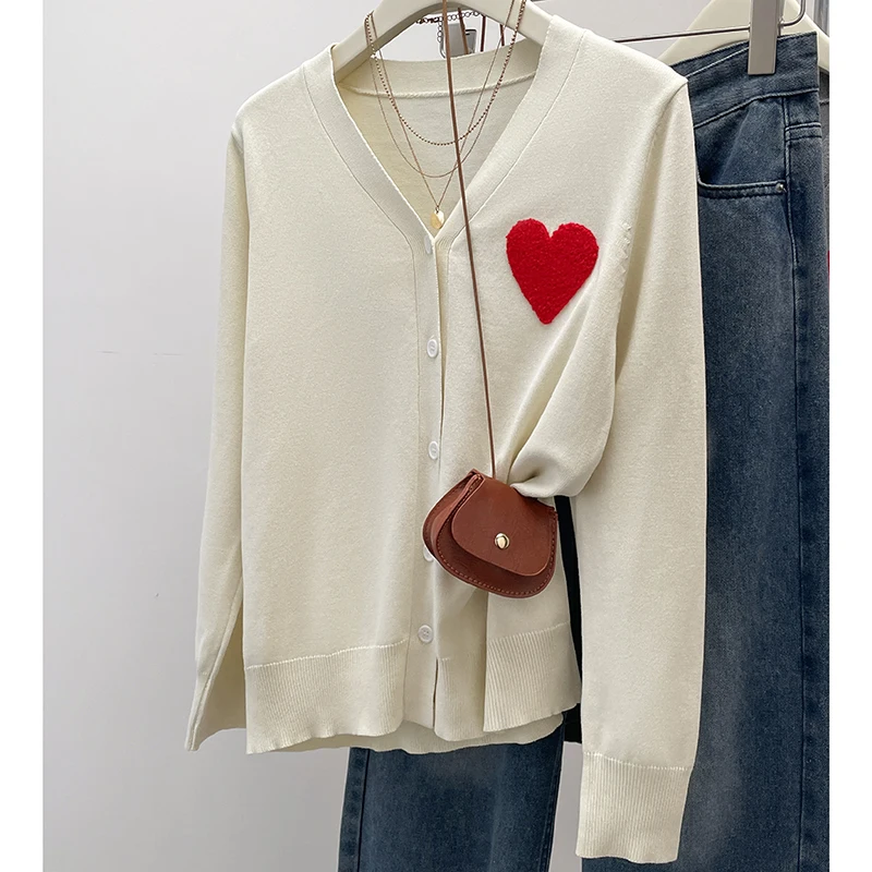 Plus Size Women's Autumn New Loose Slimming Knit Sweater Chubby Girl Heart Pattern Contrasting Color Chic Top Sweater Cardigan