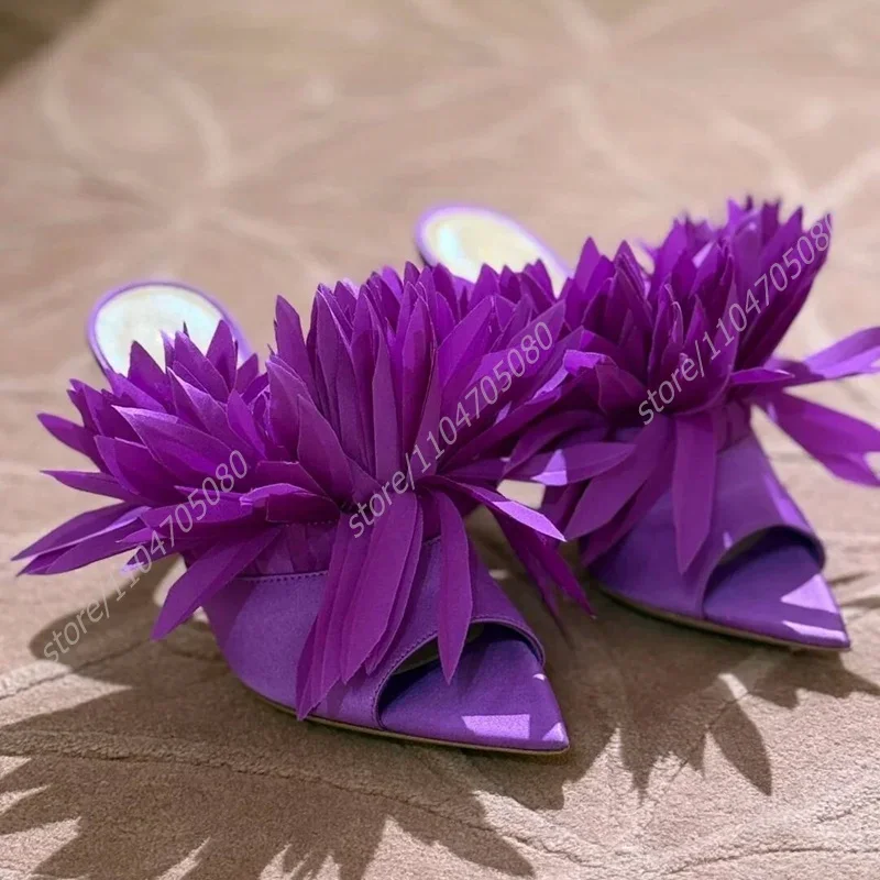 

Purple Long Tassel Cloth Pointed Stiletto Slippers Women Silk Satin Gold Feather Flower Sandals Girls Tassel-Tie Sugarbaby Shoes
